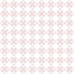 Cute vector geometric seamless pattern. Abstract texture with flower shapes, diamonds, crosses, squares. Soft pink and white colors. Subtle repeat background. Design for decor, print, cloth, wallpaper