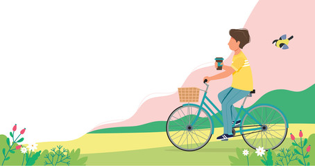 Man riding a bike in spring. Cute vector illustration in flat style.