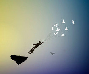 boy is flying away and holding pigeons, fly in the dreamland, fly away in your dream to the heavens, shadows, life on flying rock,