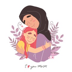 Arabic happy family. Mothers day greeting card, Mom and girl are smiling and hugging