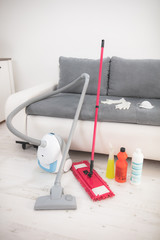 Home, apartment and room sterilization / decontamination, cleaning, vacuuming with vacuum cleaner and chemicals in the time of dangerous viruses.
