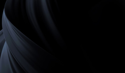 Beautiful stylish black background with developing, flying cloth. Black background with drapery and folds of silk. Smooth elegant black silk or satin texture. Luxury background design. 3D rendering.