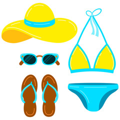 Swimsuit, slippers, hat, sunglasses, vector icon set isolated on white background.