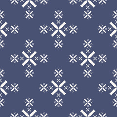 Fototapeta na wymiar Simple minimalist floral texture. Geometric seamless pattern with small flowers, crosses, snowflakes. Subtle vector abstract background. Navy blue and white minimal ornament. Delicate repeat design