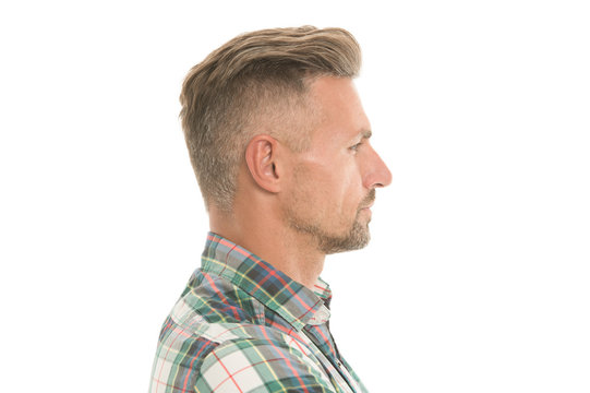 Barber salon. Perfect fringe. Styling fringe requires that you apply some pomade or wax and comb hair forward. Fringe hairstyles allow hair volume. Handsome mature man with stylish hairstyle