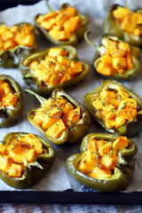 Baked green peppers stuffed with pumpkin. Vega diet. Healthy food. Food for weight loss.