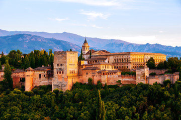 Fototapeta na wymiar Aerial view of Alhambra Palace in Granada, Spain with Sierra Nevada mountains