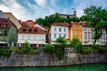 Fototapeta premium View to the castle and houses in the center of the Ljubljana in Slovenia during wonderfull day