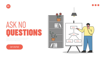 Business Presentation Concept. Website Landing Page. Businessman Or Manager Make A Business Presentation. Character Is Building A Diagram. Web Page Cartoon Linear Outline Flat Vector Illustration