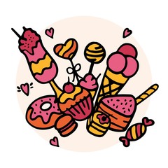 Hand drawn sweets doodle elements set with candies, cupcakes, cookies, chocolates, lollipops and macaroons