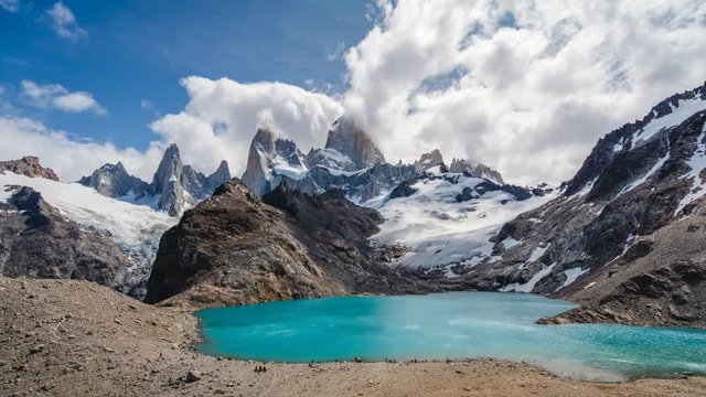 Time lapse view of Mount Fitz Roy and Laguna de los Tres in El Chalten, Patagonia Argentina, South America.