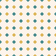 Vector floral minimalist seamless pattern. Simple minimal abstract geometric background with small flowers, crosses. Elegant ornament texture in dark green, yellow and white colors. Repeated design