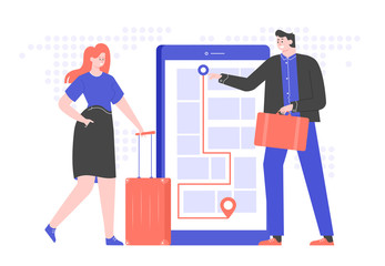 Colleagues with suitcases and luggage stand next to the smartphone. Building a route. Business trip. Vector flat illustration.