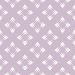 Vector abstract geometric seamless pattern. Subtle minimal white and lilac background. Simple floral ornament. Delicate graphic texture with diamonds, stars, rhombuses. Cute minimalist repeat design