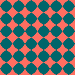 Vector geometric seamless pattern. Simple abstract checkered texture with diamond shapes, small rhombuses. Trendy colors, green and living coral. Minimalist funky background. Modern stylish design