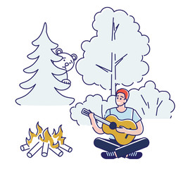 Concept Of Camping And Summer Landscapes. Character Is Having A Good Time Outdoor. Cheerful Boy Is Playing The Guitar And Singing Songs Near Campfire. Cartoon Linear Outline Flat Vector Illustration