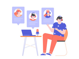Man in headphones at home or in the office at a desk with a laptop and a microphone. Communication with the team via video online, urgent meeting, remote work, freelance. Vector flat illustration.