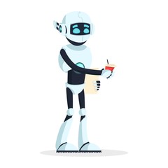 Humanoid robot standing and keeping cup of drink, coffee. Android have a rest, looking for new work or recharging, restoring power. Anthropomorphous machine is waiter, food server. Vector cartoon.