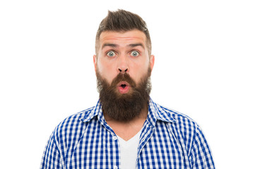 Obraz premium Astonished face. No way. Wondering concept. Handsome surprised man wonder. Surprised guy with bristle and hairstyle. Male beauty. Barber hairdresser salon. Bearded surprised man. Emotional expression