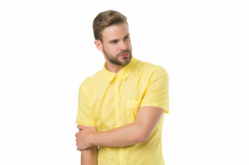 Fototapeta premium Male fashion summer trends. Unshaven man skin care. Barbershop concept. Sexy guy casual style. Masculinity concept. Beauty model. Perfect appearance. Menswear shop. Macho wearing linen yellow shirt