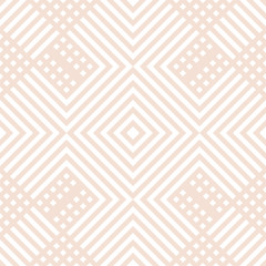 Vector geometric lines seamless pattern. Modern texture with squares, stripes, lines, chevron, rhombuses, tiles. Simple abstract geometry. Subtle white and beige graphic background. Repeat geo design