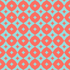 Diamond pattern. Vector abstract geometric seamless texture. Colorful ornament with rhombuses, flower silhouettes, stars, grid, net, repeat tiles. Coral and cyan color. Elegant repeated graphic design