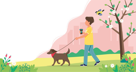 Man walking dog in spring. Cute vector illustration in flat style.