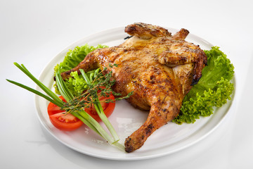 Roast chicken isolated on white background. Chicken tobacco