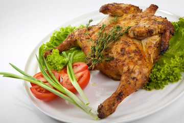 Roast chicken isolated on white background. Chicken tobacco