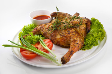 Roast chicken isolated on white background. Chicken tobacco