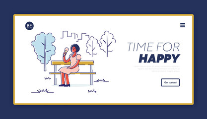 Website Landing Page. Happy Girl Lead Healthy Lifestyle. Woman Is Sitting In City Ecologically Pure Park On a Bench Eating Ice Cream Outdoor. Web Page Cartoon Linear Outline Flat Vector Illustration