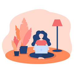 Happy women working at home with laptop in comfortable position. Concept of home office during coronavirus quarantine. Female freelance character sitting in yoga pose at carpet near plants in pots.