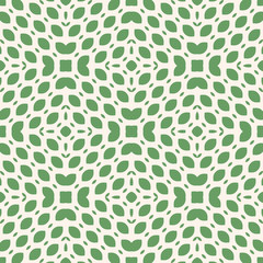 Vector seamless pattern. Subtle geometric texture. Simple minimal background with small green leaves, petals, curved shapes, grid, tissue, net. Abstract minimalist ornament. Natural organic design