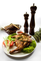 Roast chicken isolated on white background. Chicken tobacco