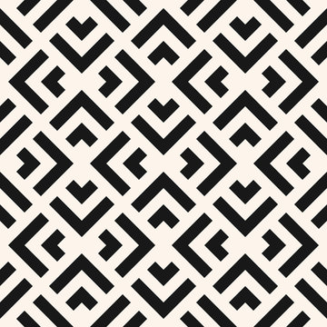 Vector Geometric Seamless Pattern With Squares, Rhombuses, Arrows, Grid, Lattice, Net, Mesh. Abstract Black And White Graphic Ornament. Modern Monochrome Linear Background Texture. Repeat Geo Design