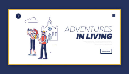 Concept Of Travelling. Website Landing Page. Couple Is Travelling By Famous Landmarks, Taking Pictures And Having A Good Time Together. Web Page Cartoon Linear Outline Flat Style. Vector Illustration