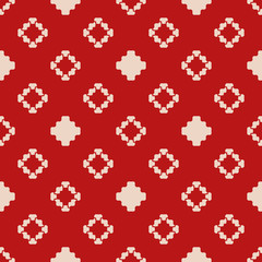 Fototapeta na wymiar Vector geometric texture with small flower shapes, squares, crosses. Abstract minimal seamless pattern. Retro vintage style. Simple background in red and beige color. Repeat design for decor, textile