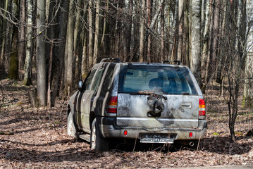 Obraz na płótnie Canvas Abandoned car in the forest. Criminals stoled the car and abandoned in the wood. Old wrecked gray car among trees.