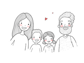 A happy family. Parents with children. Cute cartoon dad, mom, daughter, son and baby.