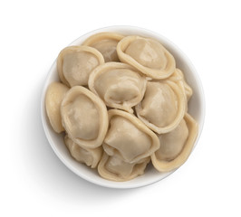 Meat dumplings, pelmeni isolated on white background, top view