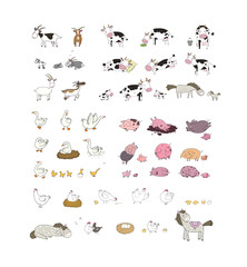 Fototapeta premium Cute cartoon farm animals and birds. Funny horses and cows, hens, geese and goats. Extra Big set. Vector Illustration