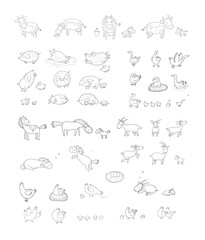 Cute cartoon farm animals and birds. Funny horses and cows, hens, geese and goats. Extra Big set. Vector Illustration