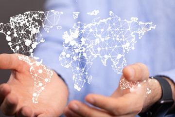 network holding in hand 3d connection data.