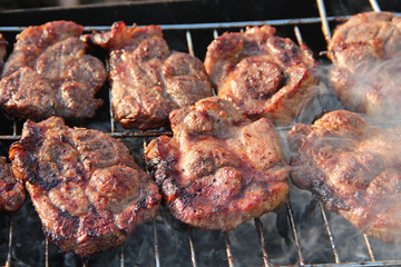 Cooking pieces of meat on fire closeup. Cooked pork meat. Barbecue lunch