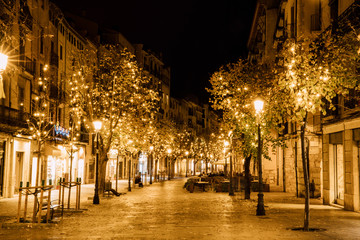 Evening landscape of alley in warm bright light from illumination and lanterns along street decorated with tree in downtown in Girona, Catalonia, Spain