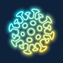 Danger coronavirus neon icon suitable for web, infographics and apps. Isolated on red transparent background. Retro-futuristic style.