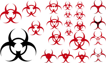 Biohazard sign set 4 caligraphic styles variations  optional catastrophes based on basic biological danger shape coronavirus  covid-19 pandemy spreading symbols editable icons creative logo design