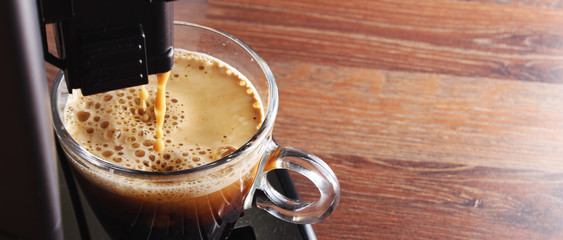 coffee glass espresso coffee machine wooden background