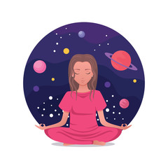 Cute cartoon woman meditating in yoga lotus pose on background with galaxy, universe, stars and planets. Online yoga at home. Web banner for webpage, advertising, background. Vector flat illustration
