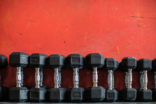 Set of dumbbells lying on rack in gym